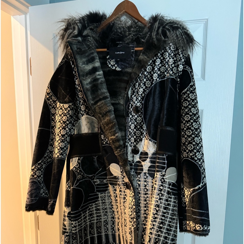 One of a kind Vintage, European 3/4 length jacket, fur trim hood, by CARLOPIK